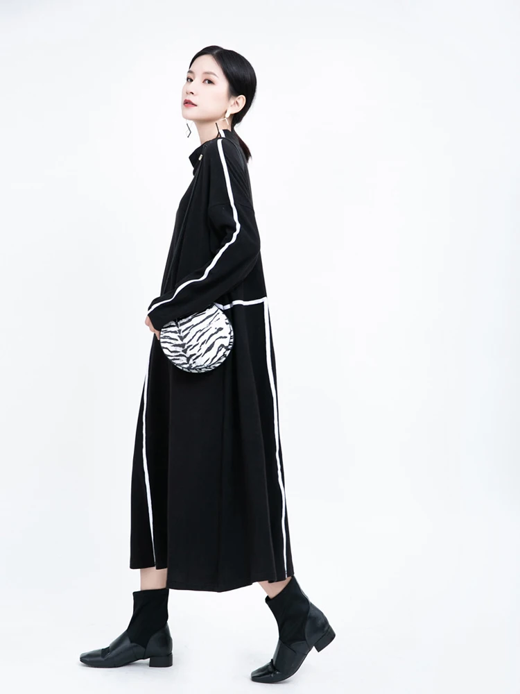 Осенне-зимнее черное платье из полиэстера с длинными рукавами и полувысоким