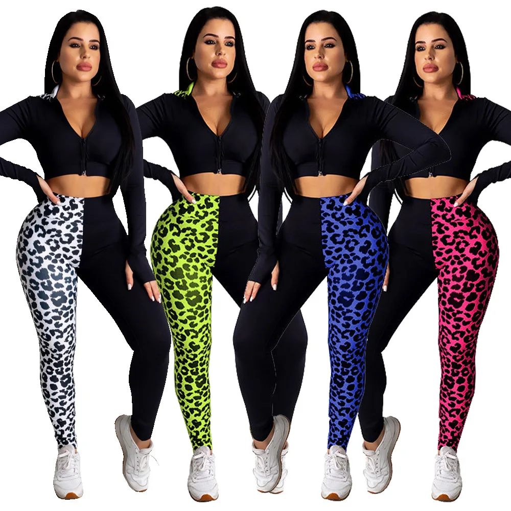 

European And American Sports Suit Foreign Trade Autumn Fashion Knitted Leopard Print Stitching Hooded Matching Color Pants Suit