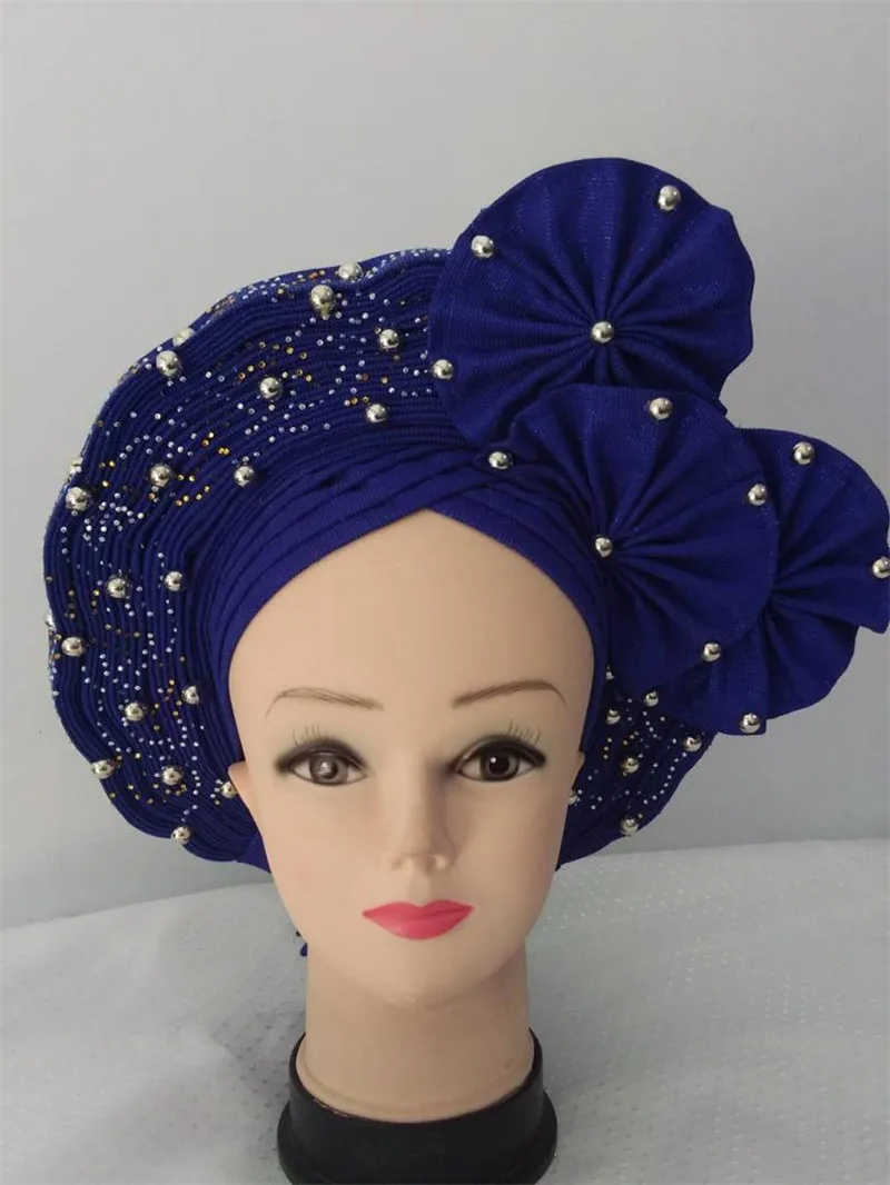 

New Style Nigerian Yellow Gele Headtie Aso Oke Gele Already Made Auto Gele Aso Ebi Headtie African Turban Cap with Colorful Bead