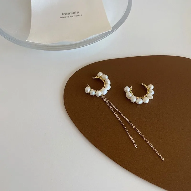 

1SET Vintage Pearl Tassel Metal Gold Color Geometric Round Ear Clip No Piercing Earring for Women Party Jewelry Gifts