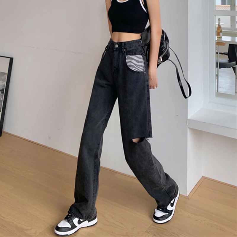 

Harajuku Hole Baggy Jeans Fashion Streetwear 100% Cotton Women High Waist Denim Trouser Loose Black Pants Korean Jeans