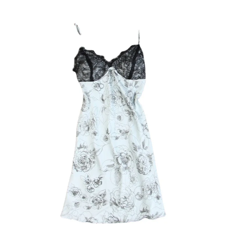 

Sexy Lace Nightgown Women Satin Nightdress Floral Print Suspender Skirt Sleepwear Female Sleep Dress Casual Nightwear Home Dress