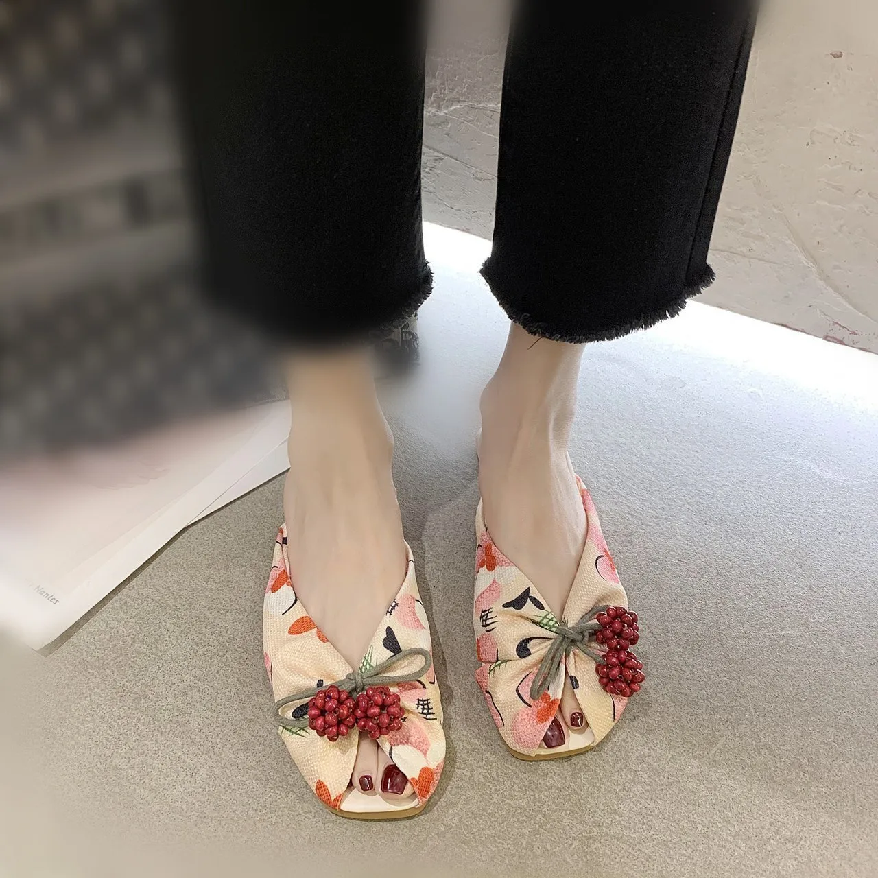 

Shoes Slippers Casual Slides Slipers Women Butterfly-Knot Low Flower Luxury Summer 2021 Flat Basic Floral Scandals Fabric Fashio