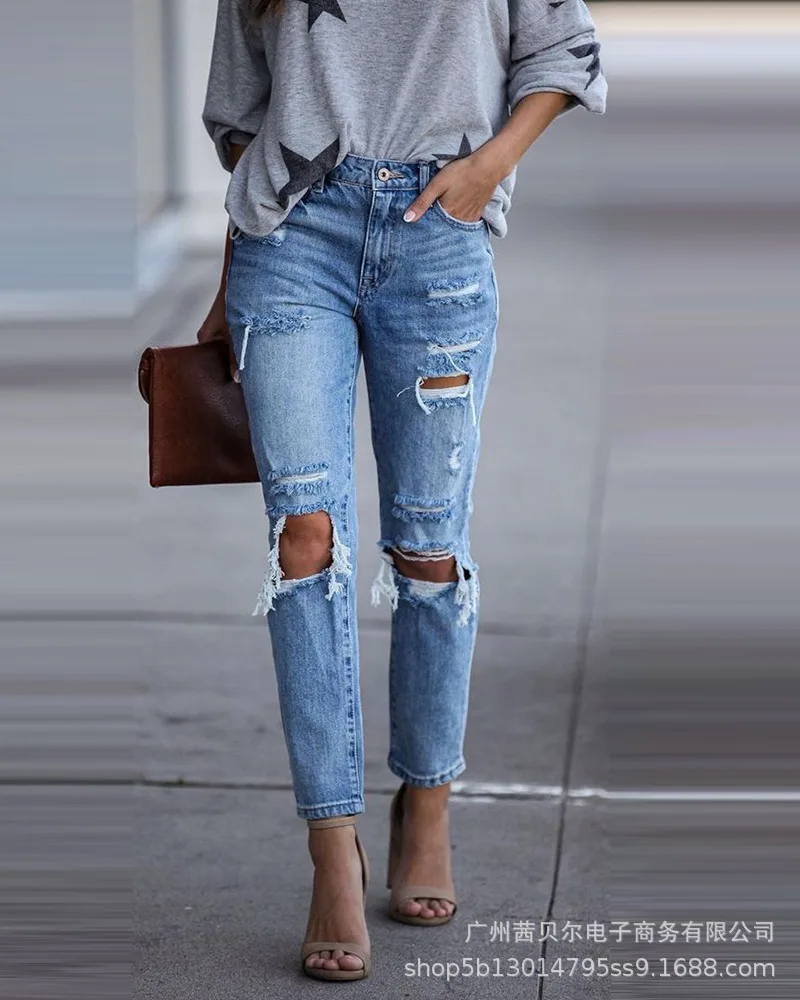 Ladies trousers jeans, 2021 European and American new style blue ripped slim jeans