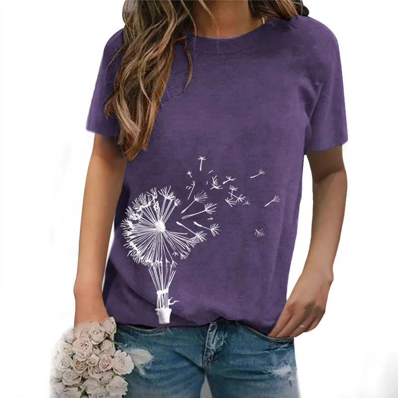 

Dandelion Print Tshirt Top Short Sleeve Women Casual Tees Loose O-Neck T-Shirts Large Sizes 2XL Lady Tops Female Clothes 2020
