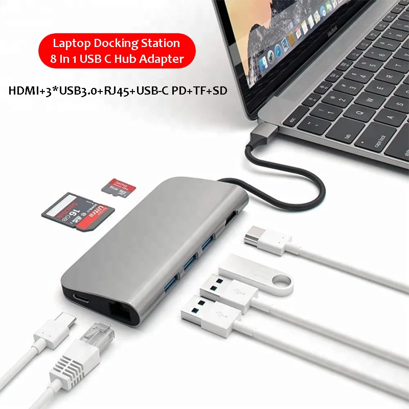 USB C концентратор адаптер док-станция для ноутбука 8 в 1 3 0 HDMI RJ45 Gigabit SD TF Macbook HP Huawei