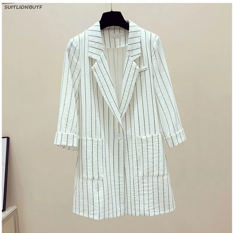 

2020 Summer Plus Size Women Blazer Feminino Notched Single Button Striped Slim Chaqueta Mujer Korean E Girl Vadim Suitlionbutf