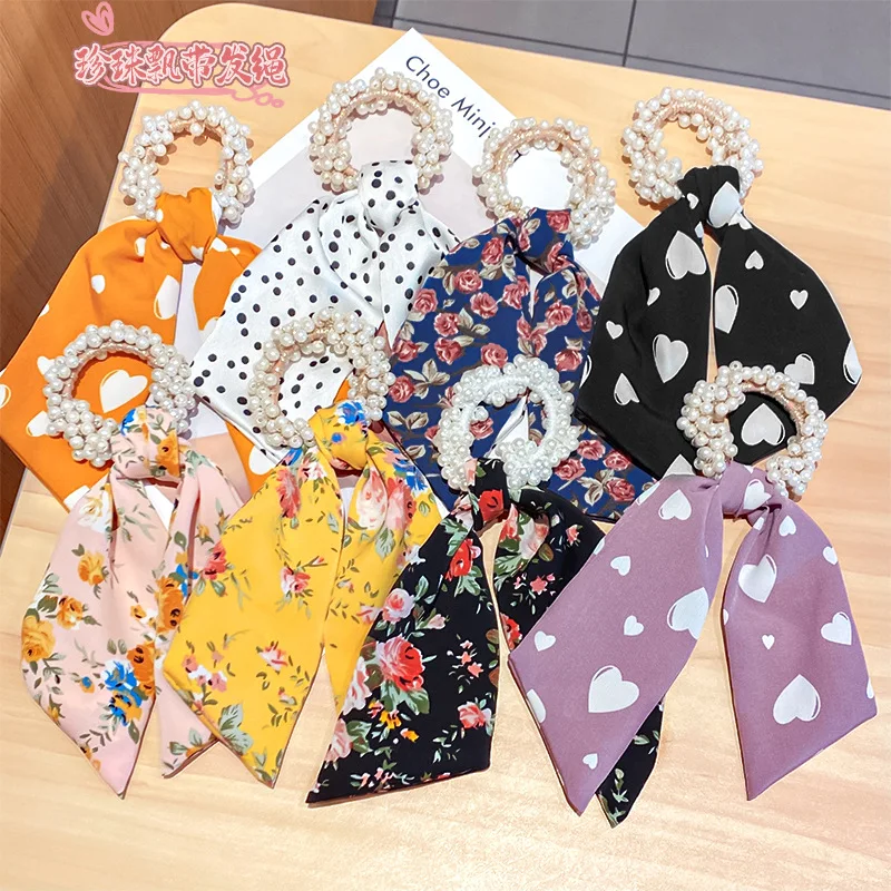 

New Pearl Elastic Hair Ties Rope for Women Girls Printed Ribbon Hairband Ponytail Holders Bow Rubber Band Hair Accessories 2021