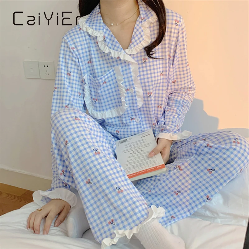 Пижама женская в клетку, с длинным рукавом и кружевом, пижама клетчатая от AliExpress RU&CIS NEW