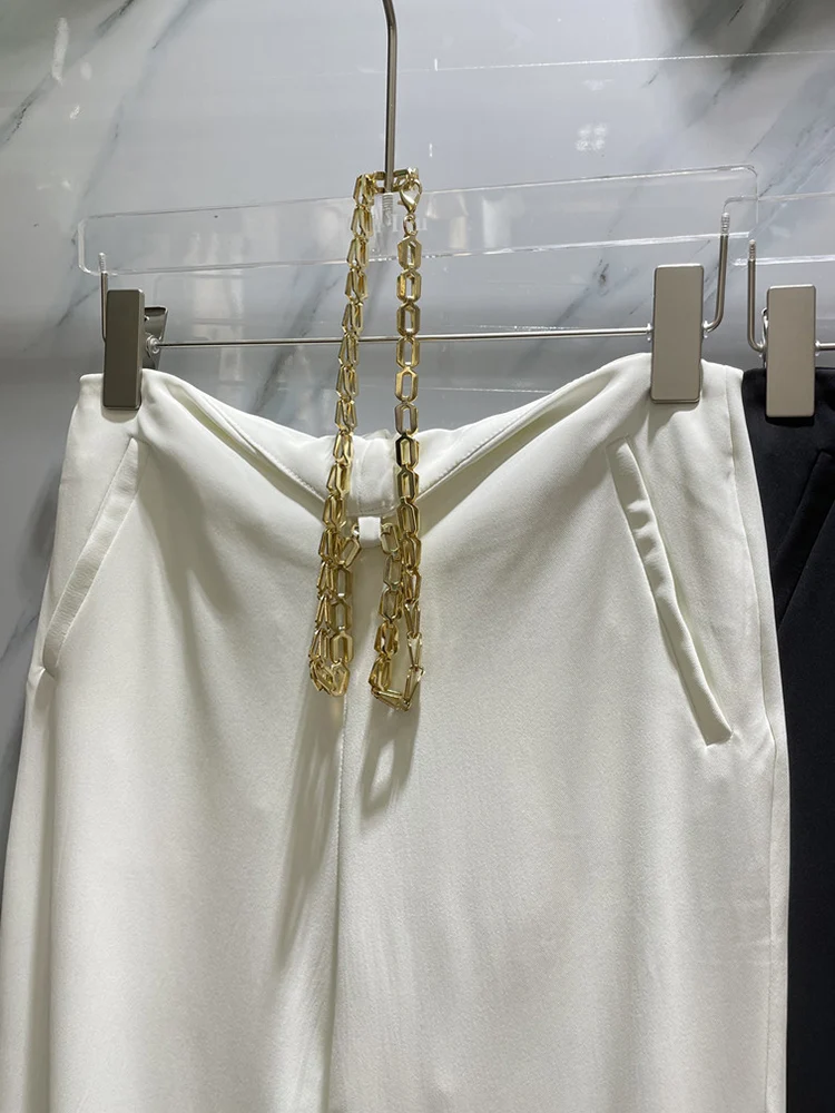 

Catwalk style high waist metal chain belt hollow leaking waist loose straight trousers ladies summer new fashion all-match