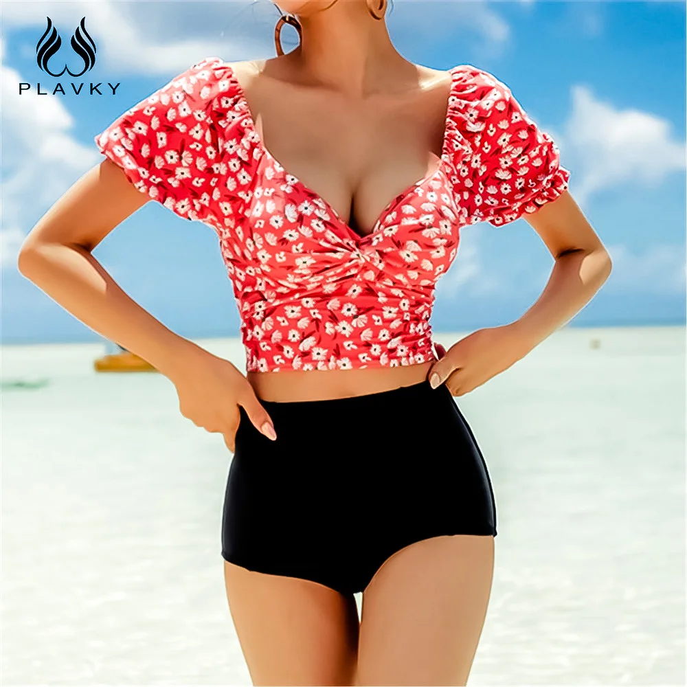 Сексуальный ретро винтажный буф с коротким рукавом цветочный Высокая талия