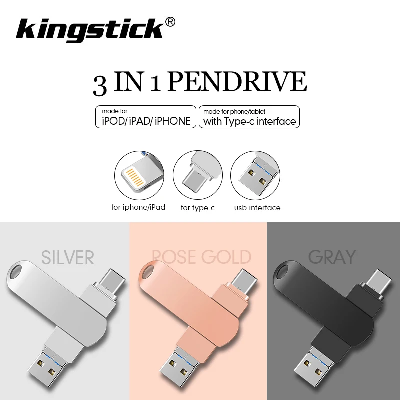 

IOS 3 in 1 Metal USB Flash Drive 128gb type-c Pendrive 32gb 64gb Usb2.0 Flash Disk for iPhone X/8 Plus/8/7 Plus USB Memory Stic