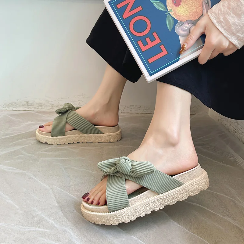 

Shoes Woman's Slippers Butterfly-Knot Shale Female Beach Platform Med Luxury Slides 2021 Sabot Flat Soft Designer Butterfly-knot
