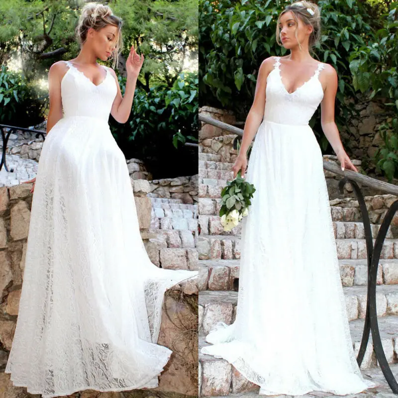 

Womens Long Lace Formal Party Dress Prom Wedding Bridesmaid Ball Gown Dress White