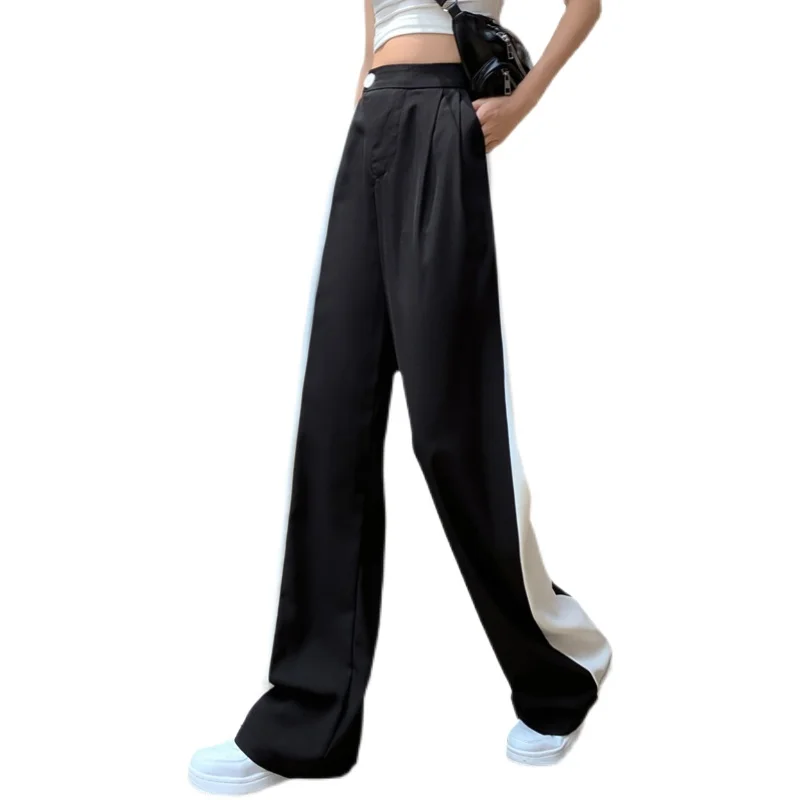 

High waist drape black and white contrast pants loose and thin straight casual pants 2021 summer fashion women's clothing