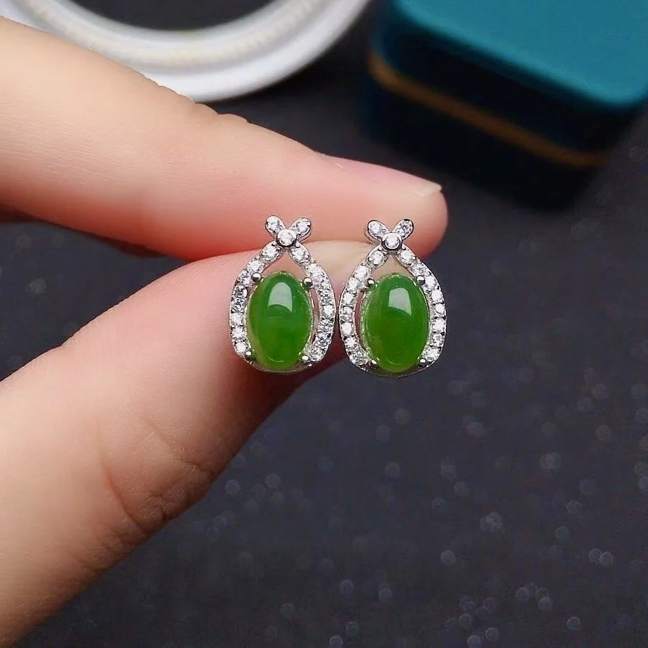 

Fashion Jade Silver Earrings for Woman 5mm*7mm Good Quality Natural Chinese Jade Stud Earrings 925 Silver Jade Jewelry