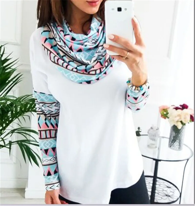 

Women's long-sleeved printed T-shirt tops, new fashion autumn ladies casual shirts, printed hooded stitching long-sleeved T-shir