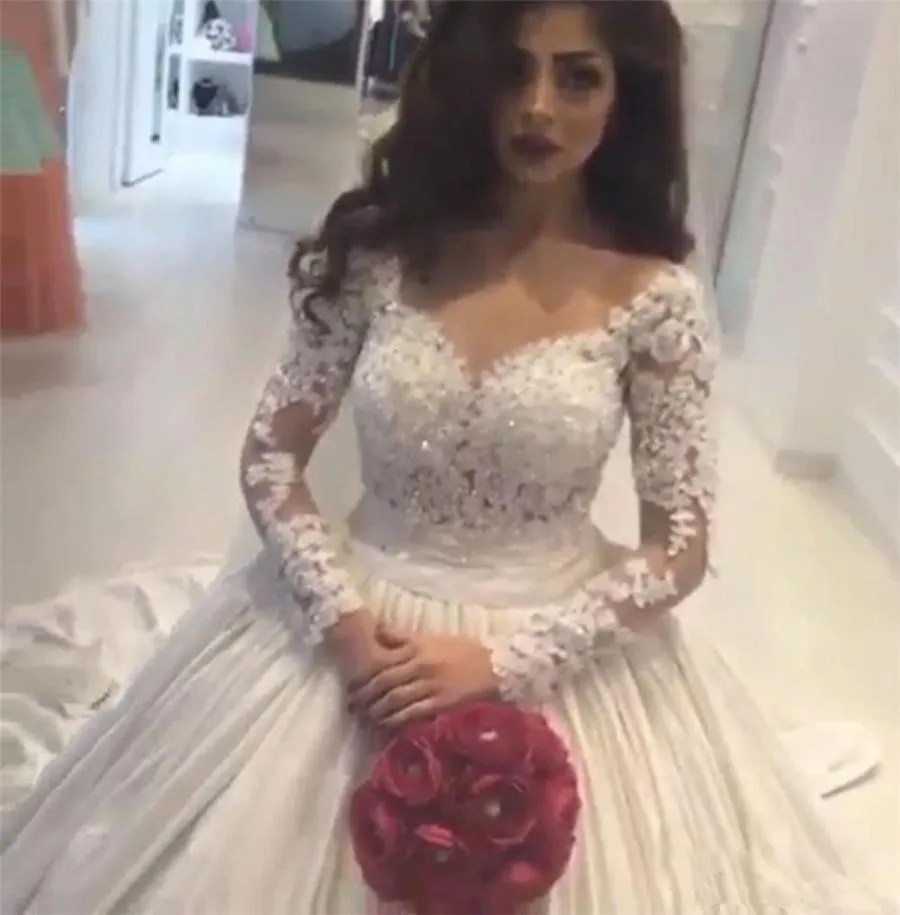 

beautiful ball gown Satin Long Sleeve Wedding Dresses lace luxury Sequins Sheer Neck Buttons Arabic Bridal Dress Wedding Gowns