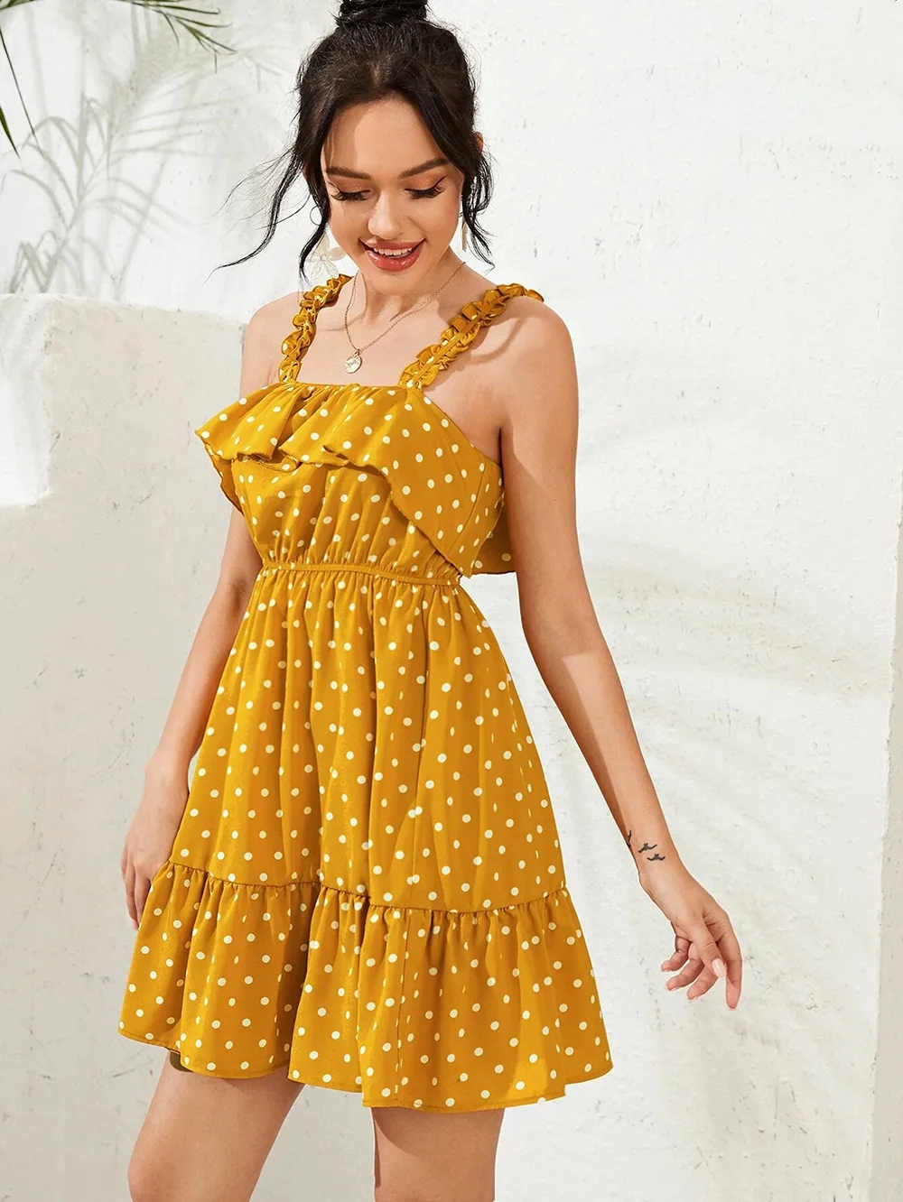 

Женское плиссированное платье в горошек, юбка на эластичных подтяжках с высокой талией и оборками в европейском и американском стиле на лет...