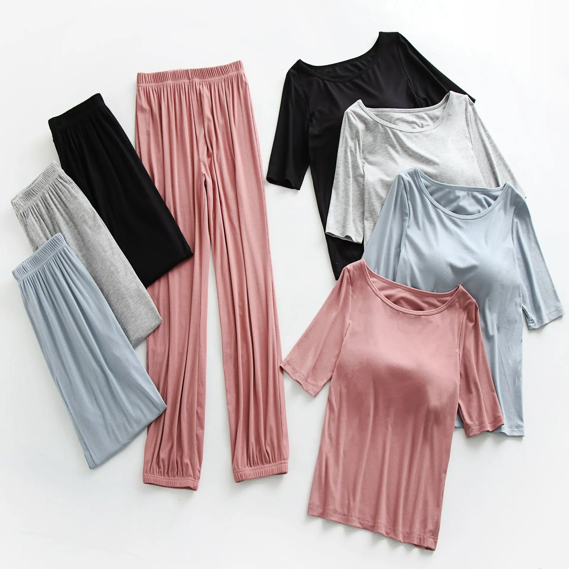 

Autumn Women's Pajamas Viscose Fiber Women's Five-point Sleeve Pajamas with Chest Pad Bloomer Trousers Two-piece Loose Home Wear