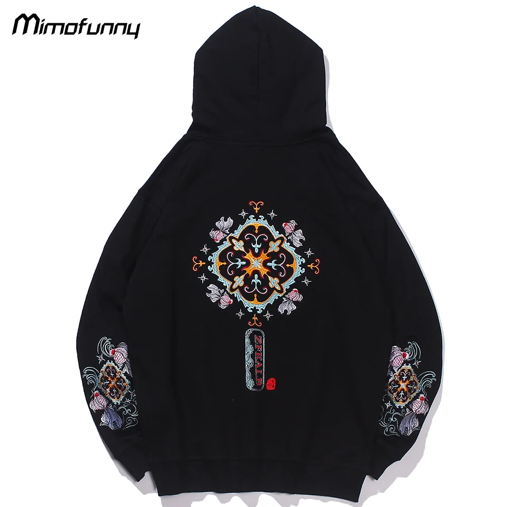 

Hoodies Men Koi Chinese Totems Colorful Embroidery Pullover Retro Ancient Culture Fashion Casual Folk-custom Harajuku Streetwear