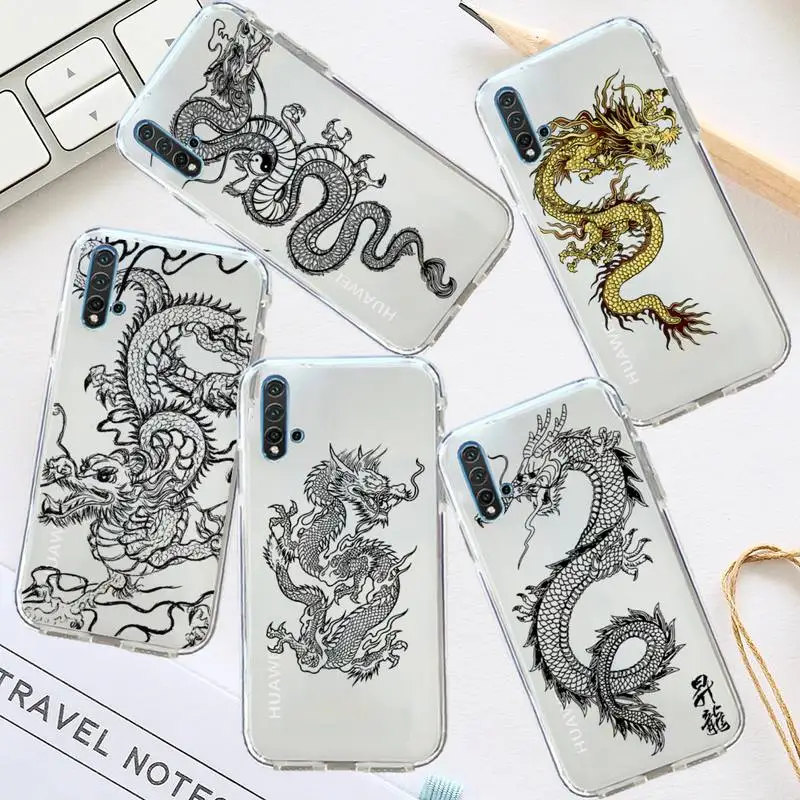 

Dragon Black and white lines Phone Case Transparent for Huawei honor P mate 40 20 30 10 50 i 9 x mate pro lite 8a