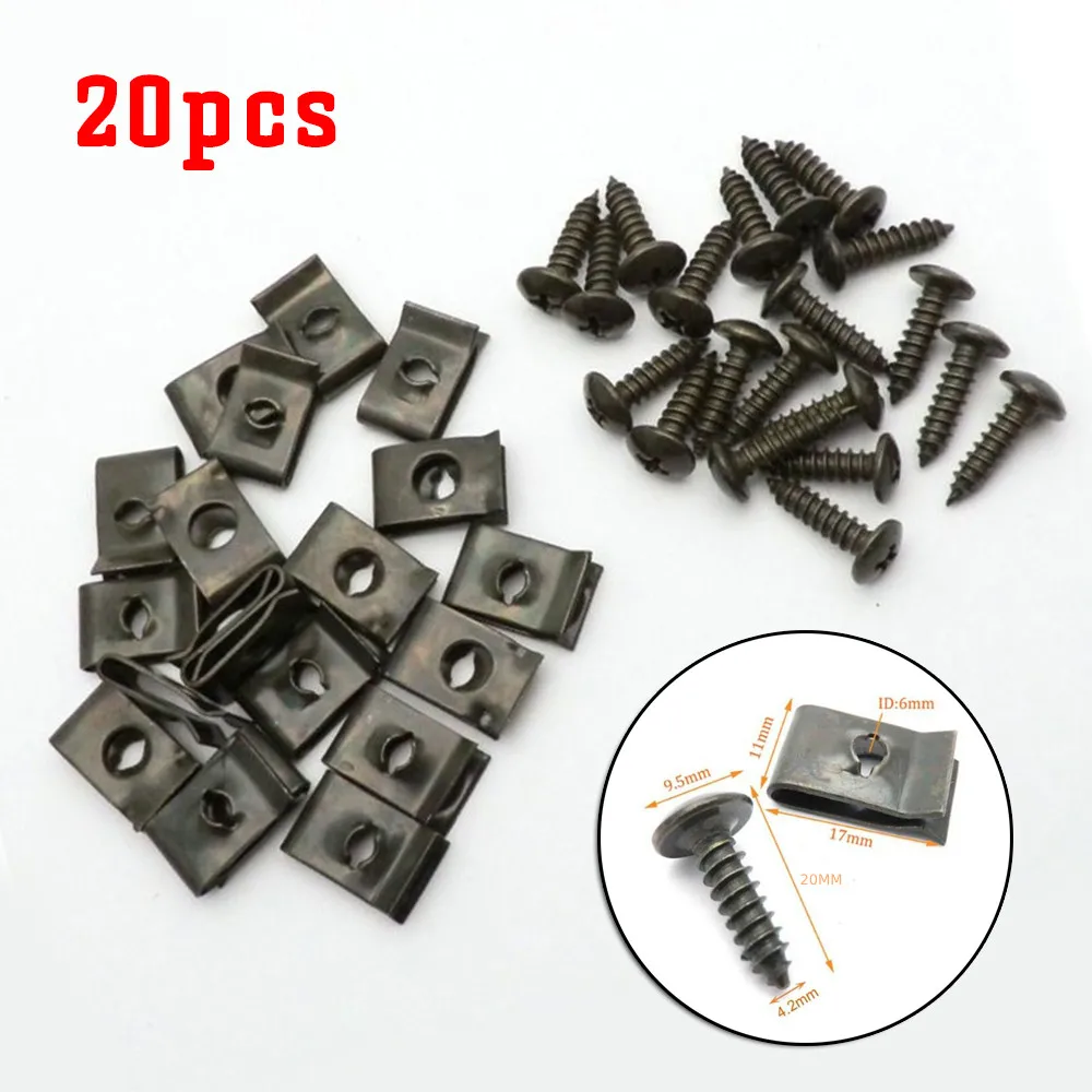 

20Set Metal U-Type Clip With Screw Car Bumper Fender Trim Panel Fasteners GY6 Scooter 50-150 Plastic Body Screws And Clips