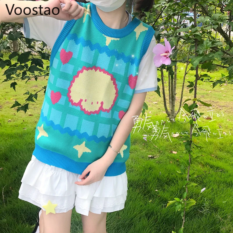 

Japanese Sweet Lolita Style Knitted Sweater Vest Girly Kawaii Cartoon Pattern Loose JK Pullovers Women Harajuku Chic Waistcoat