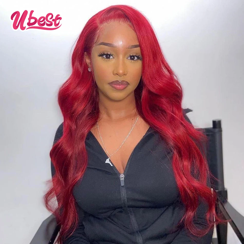 Ubest 1B 99J Transparent Colored Human Hair Wigs Red Body Wave Lace Front Wig Brazilian Virgin Pre Plucked Lace Wigs for Women