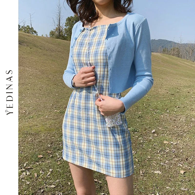 

Yedinas Plaid Halter Mini Dress Sweet Spaghetti Strap Summer Streetwear Party Dress Casual Dresses Bodycon Sleeveless Vestidos
