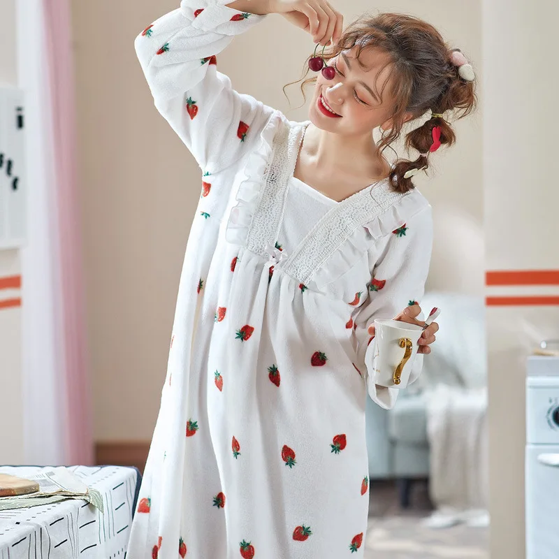 Ночное Платье с принтом юката Осень-зима 2020 утепленная фланелевая Домашняя