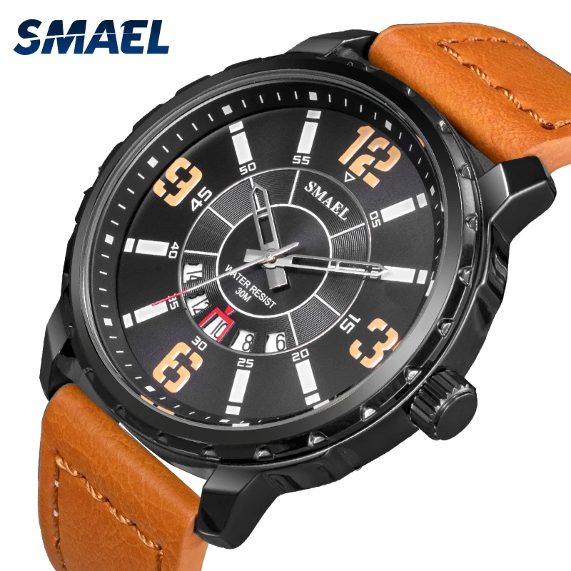 

SMAEL Men's Watches Outdoor Sport Leather Large Dial Quartz Watch Waterproof Wristwatches Fashion Casual Male Clock Reloj Hombre