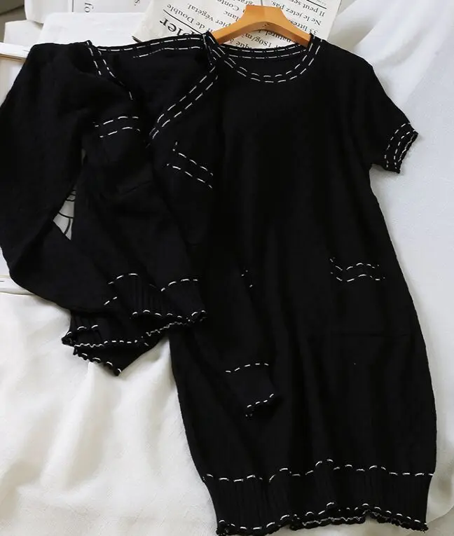 black set Amolapha, модные женские вязаные однобортные пальто+ платье, комплекты для женщин, женский вязаный жилет, платья+ куртка с v-образным вырезом, пальто, костюмы - Цвет: black set