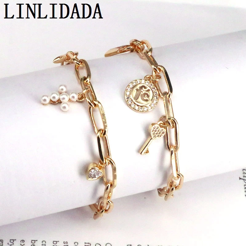 

5Pcs,CZ Micro Pave Lock Key /Pearl Cross Charms Bracelet, Gold Color Bracelet, New design Chain Link Bracelets