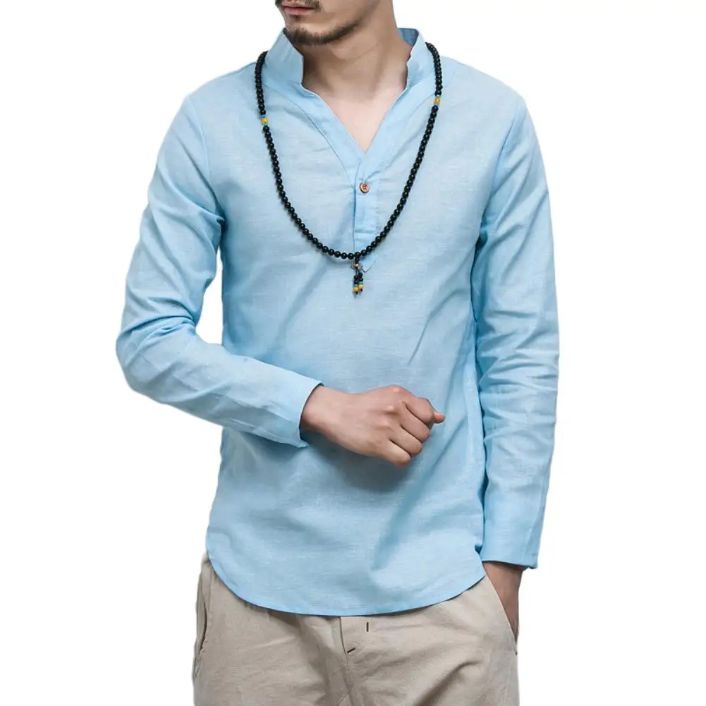 

Vintage Men Solid Color Long Sleeve V Neck Linen Cotton Button Pullover Shirt New Style Loose Casual All-match Top