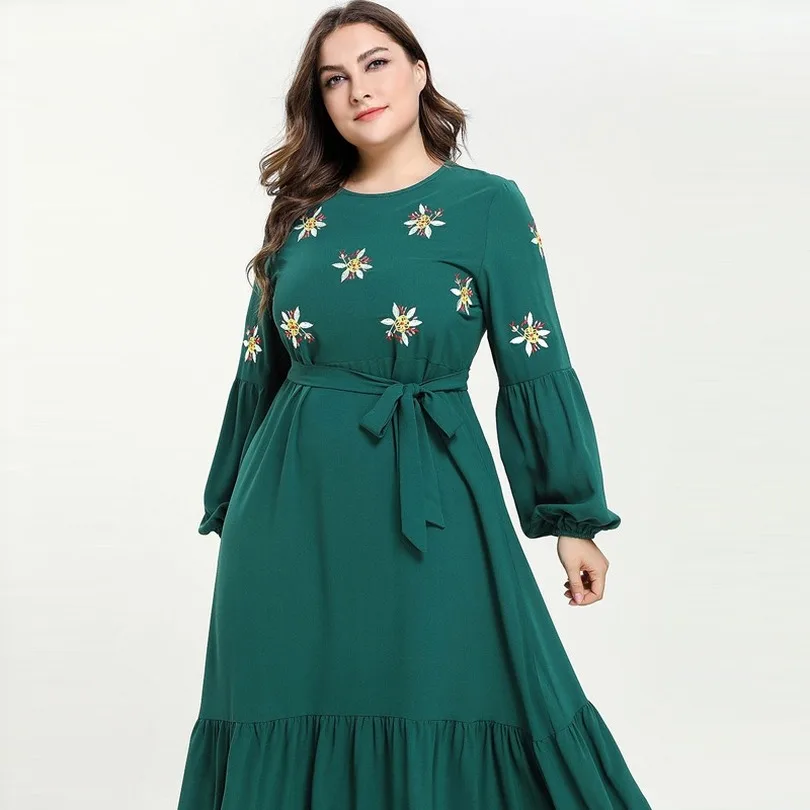 Quality Big Size Women Green Floral Embroidery Pleated Maxi Dress Long Lantern Sleeve Boho Belted Dresses Muslim Abaya 4XL |