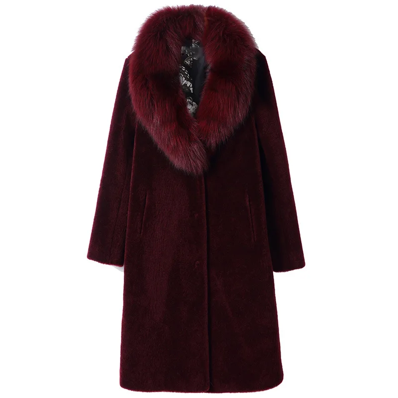 

Warm Korean Winter Fox Fur Collar Real Fur Coats Women Natural Elegant Sheep Fur Slim Long Jackets Lady Fashion Clothes