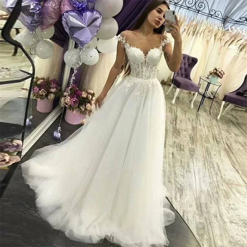 

Elegant Short Sleeve Scoop A-Line Sweep Train Tulle Backless Applique Wedding Dress vestido de noiva Bridal Dress Wedding Gowns