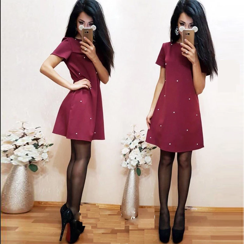 Однотонные Свободные мини платья с круглым вырезом женские повседневные