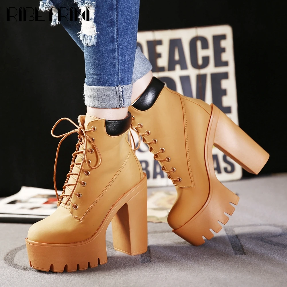 

Женские ботильоны из флока rifaith, офисные однотонные повседневные ботинки на платформе, на шнуровке, на блочном каблуке, для зимы