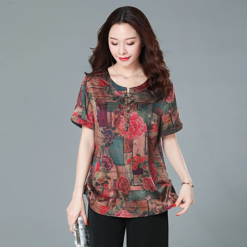 Летняя шелковая футболка женская модная Цветочная большого размера одежда 2020