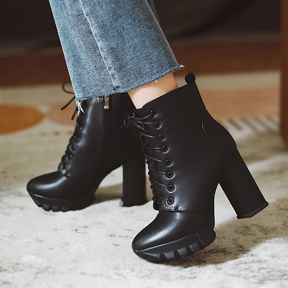 

BONJOMARISA New Fashion Ladies lace-up Ankle Boots Cool High Square Heels Boots Women Mature lace-up Autumn Shoes Woman