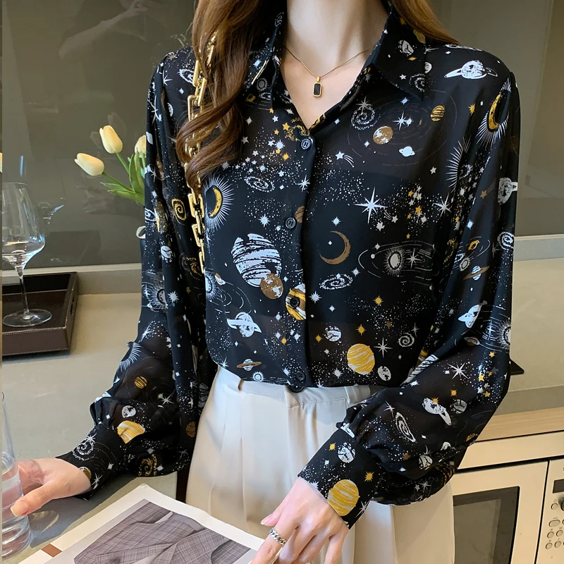 

Black Perspective Chiffon Shirt Women Vintage Elegant Starry Sky Print Long Sleeve Blouse Niche Tops Summer Thin Clothing
