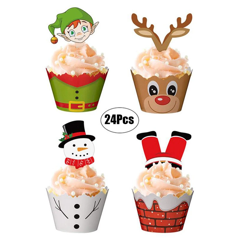 

24X Christmas Snowman Santa Claus Cupcake Toppers And Wrappers Xmas Decor Tools
