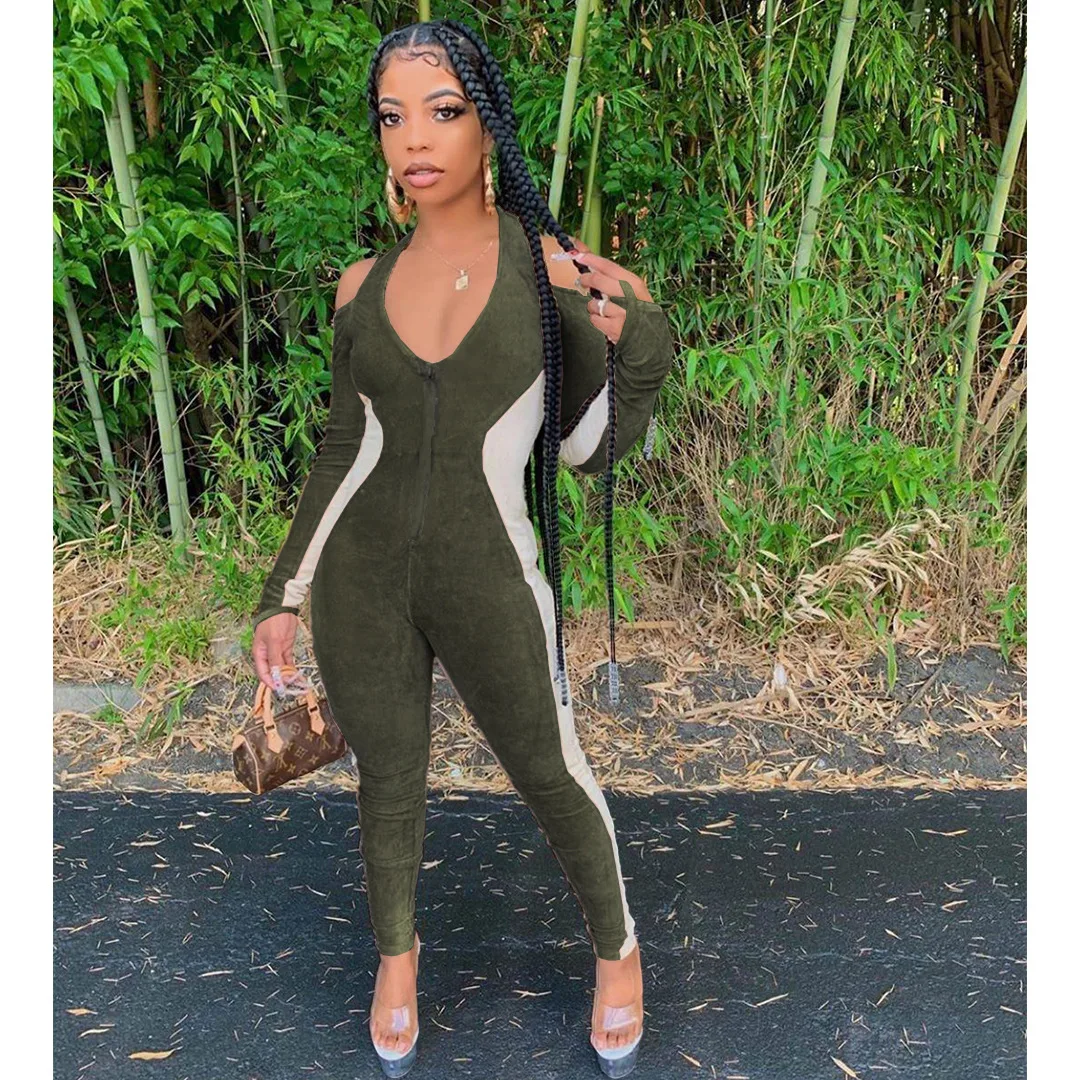 

2021 new women's nightclub zipper high elastic suede hanging neck halter stitching jumpsuit