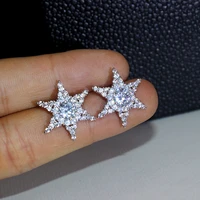 cute crystal snowflake earrings white gold clear white zircon star flower stud earrings for women wedding ear studs jewelry