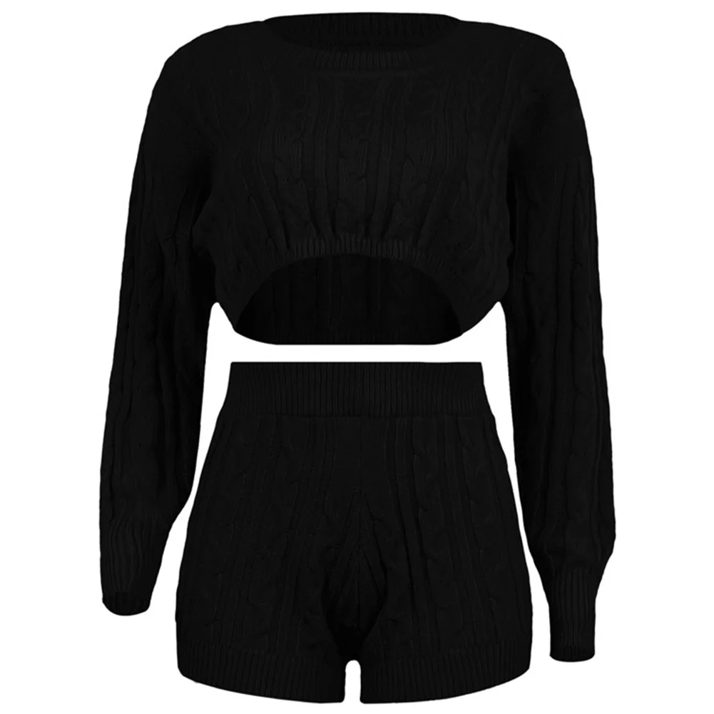 

2Pcs Set Women O Neck Crop Top Twist Knit Pullover Sweater Short Pants Warm Outfit Sets Tracksuit