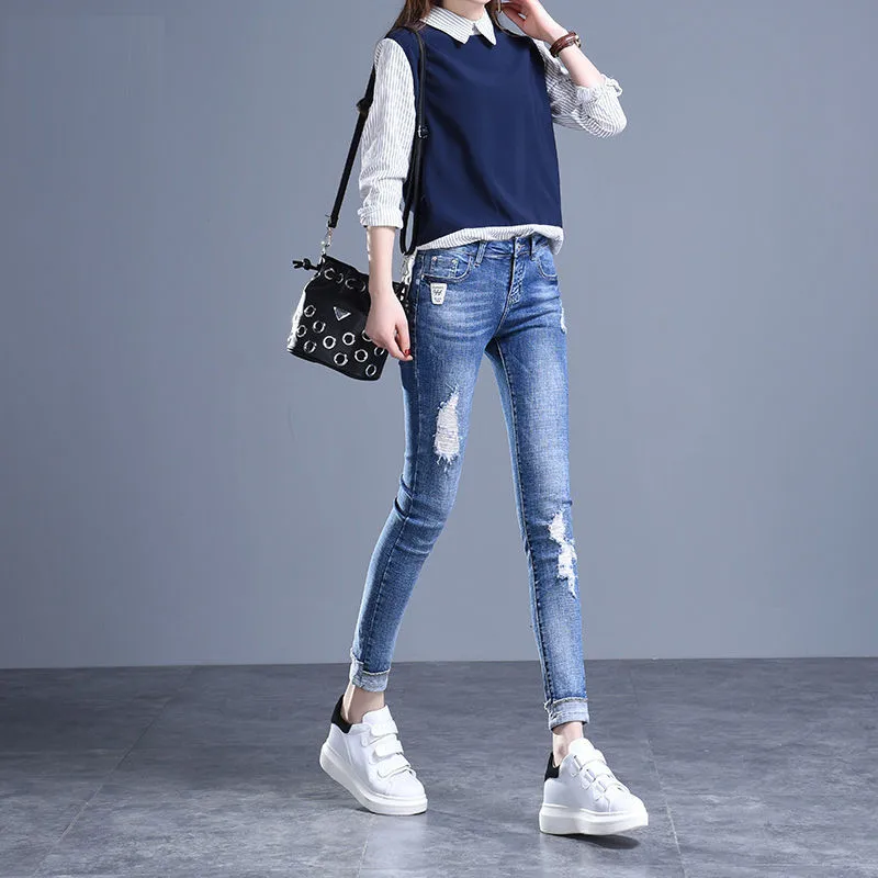 

New Blue Pencil Pants Women High Waist Slim Hole Ripped Female Denim Jeans Casual Stretch Trousers Jeans Spring Ladies Pants