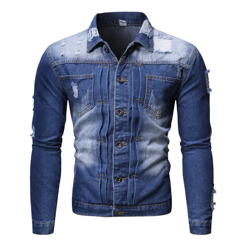 

MORUANCLE Fashion Mens Ripped Jean Jackets With Holes Destroyed Denim Trucket Jacket Outerwear Distressed Torn Jacket Washed