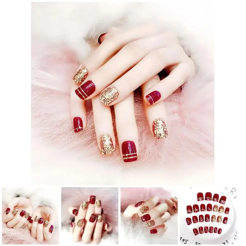 Falsas com Glitter Curto Vinho Vermelho Prego Arte Unhas Dourado Champanhe Casamento Unha Ponta Completa Hjl2022 24 Pçs